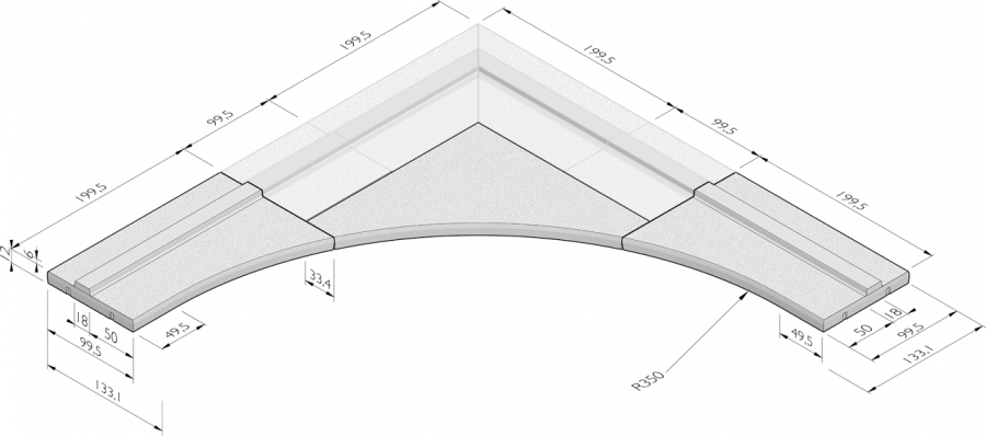 Hoekoplossing opsluitplaat Infill Barrier R=3,50